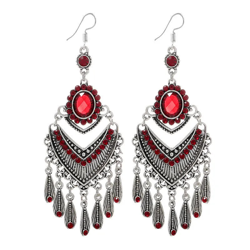 Purple long fringe drop earrings with crystals on a retro ethnic style alloy setting.