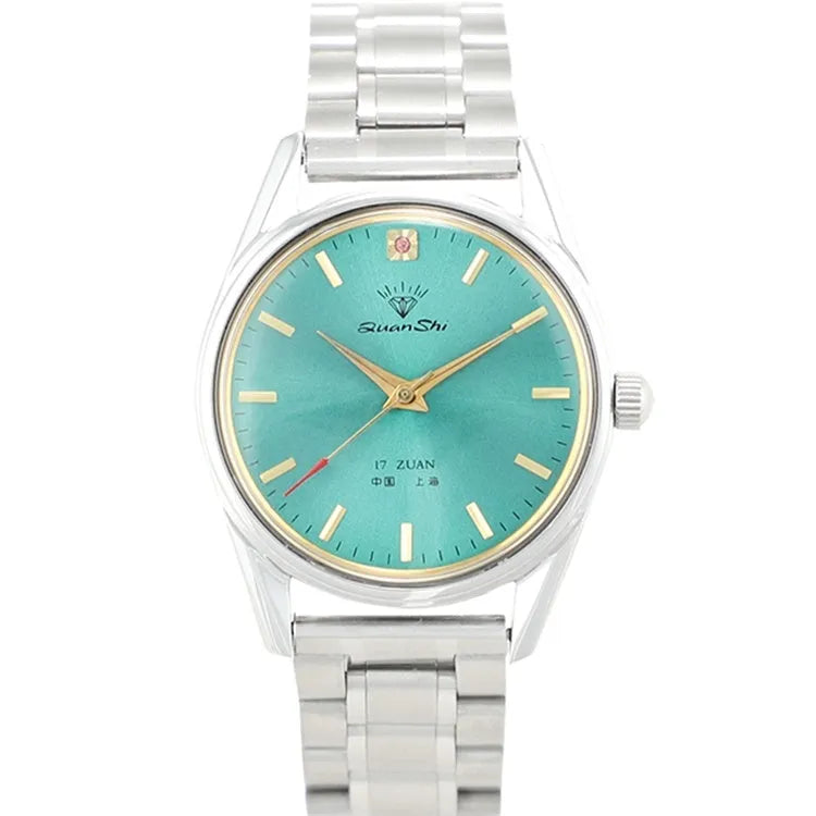 Men's green dial quartz watch with alloy case showing strap options