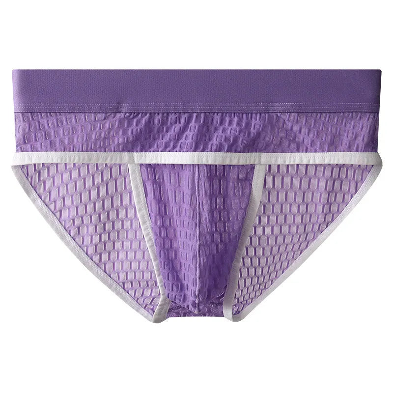 Men's lace-trimmed briefs in white with U pouch design and mid-rise waistband