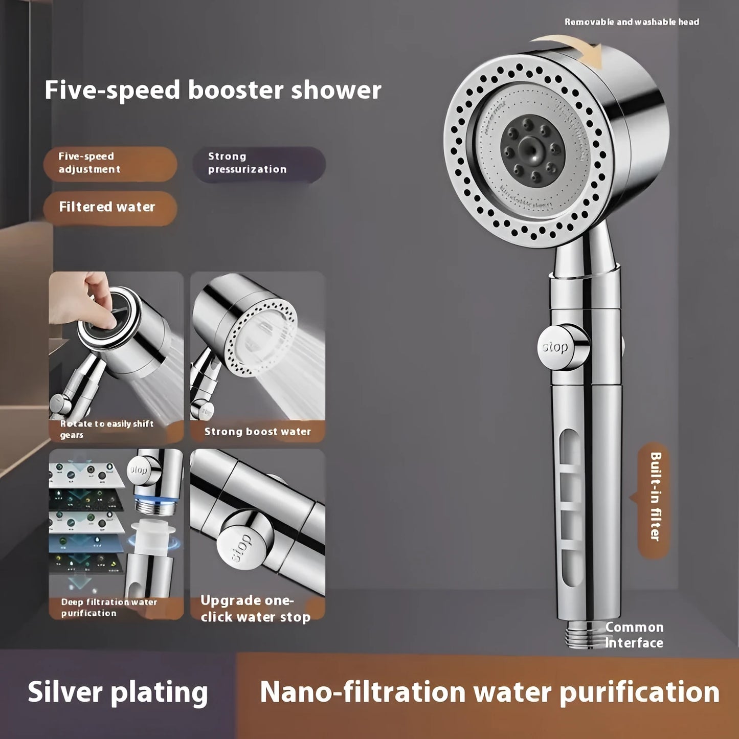 Silver portable shower head with five spray functions including massage and bubble modes