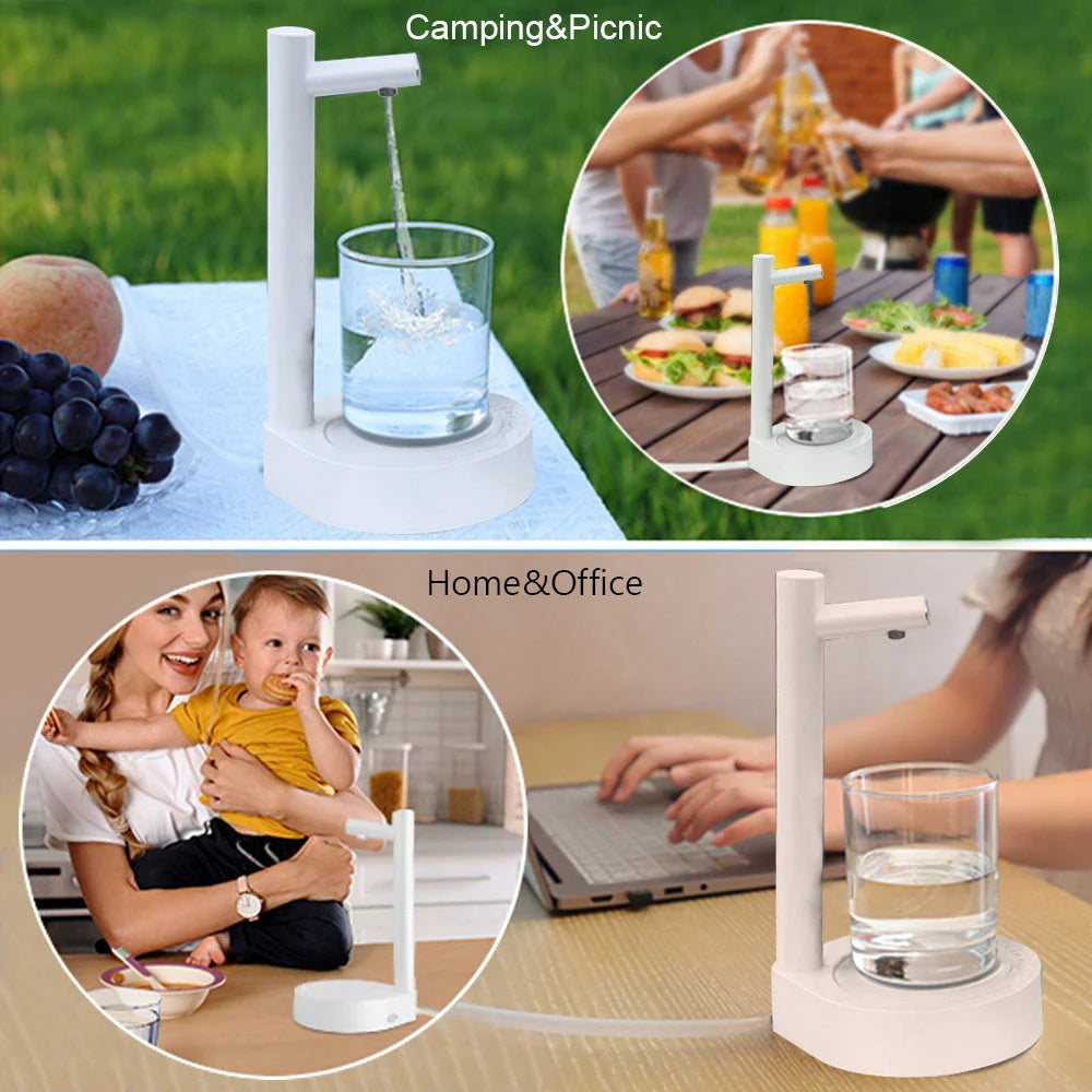 Rechargeable electric water dispenser with sleek white or blue design, perfect for any room or office setting
