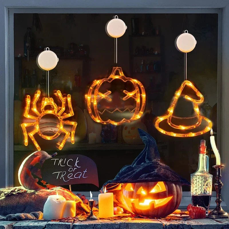 Spooktacular Halloween Hanging LED Lights with spiders, pumpkins, and ghostly figures for a haunting holiday ambiance