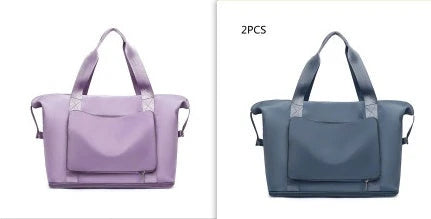 Roomy and foldable gym bag for women with waterproof Oxford fabric, multiple pockets, and wet/dry separation compartment
