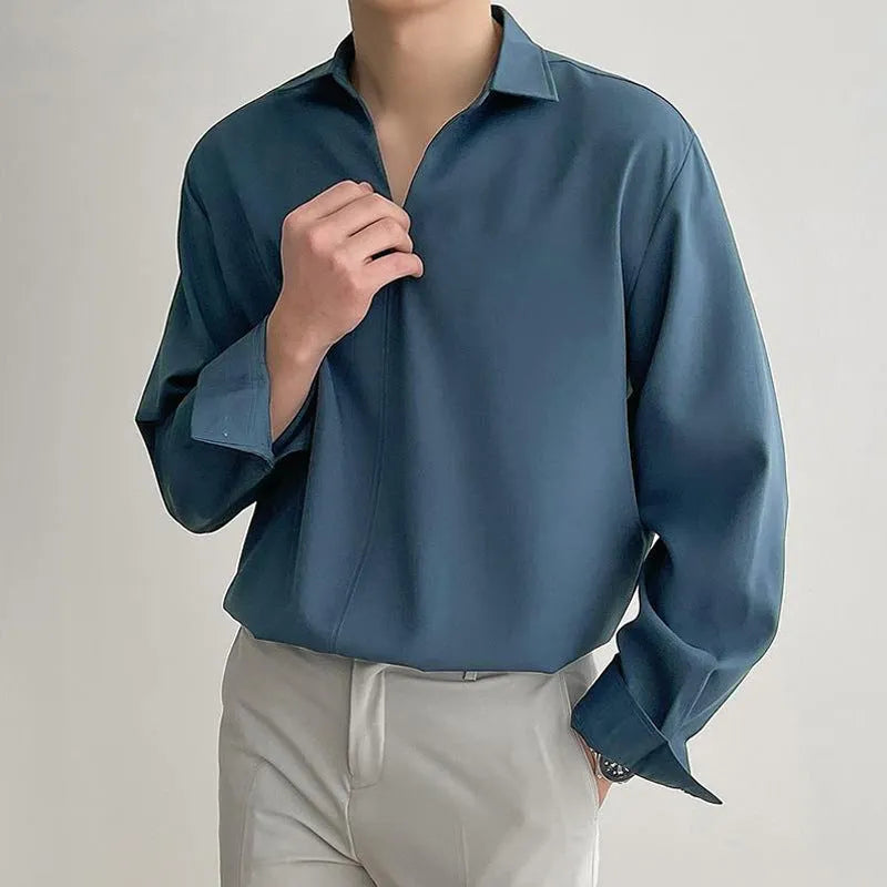 Men's loose lapel casual shirt in slim business style, available in multiple colours and sizes.