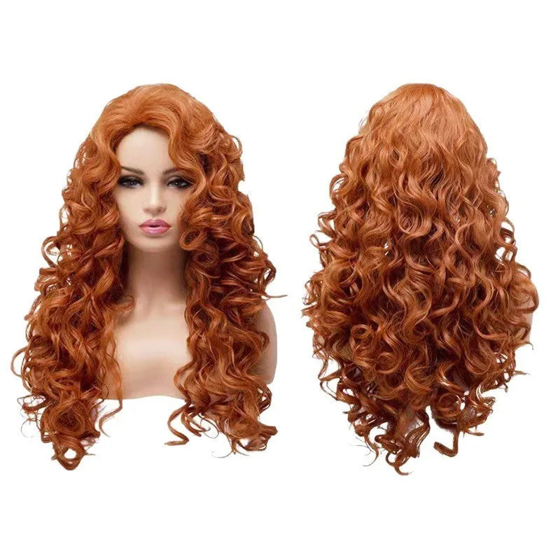 Long curly brown synthetic wig with a fluffy texture on a wig head.
