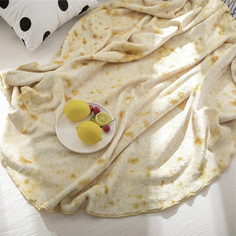 Cozy, soft, and versatile flannel burrito blanket in a unique round shape with a playful, delicious-looking design