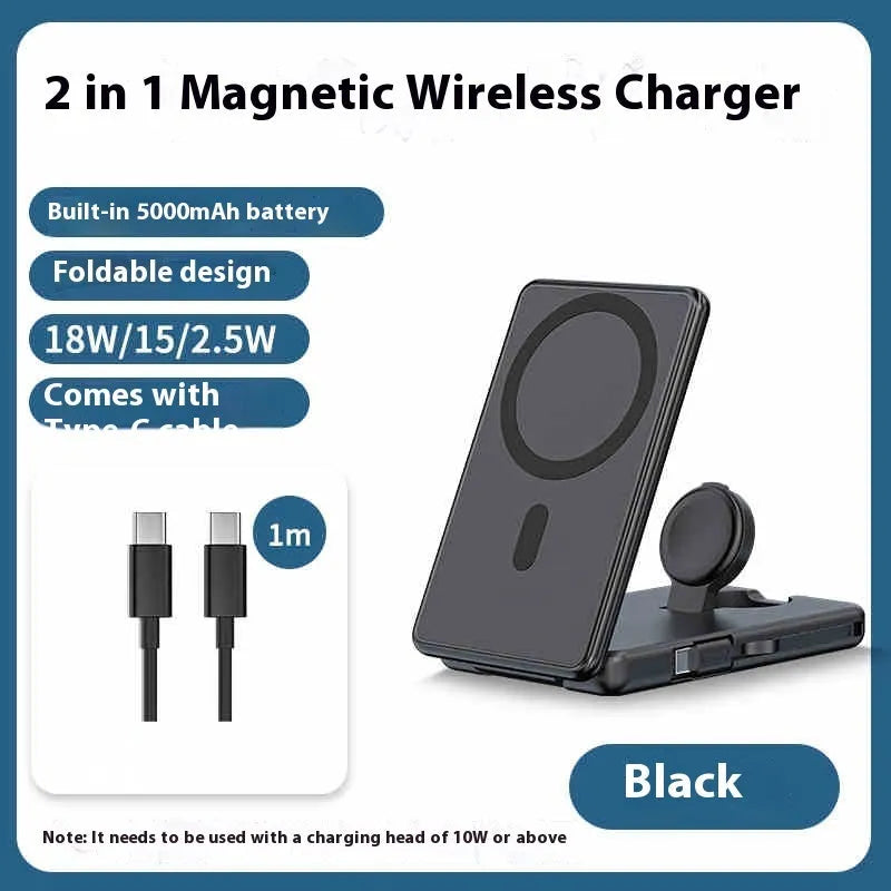 Ultra-thin black magnetic wireless power bank 5000mAh with built-in bracket and data cable, 113x70x18mm