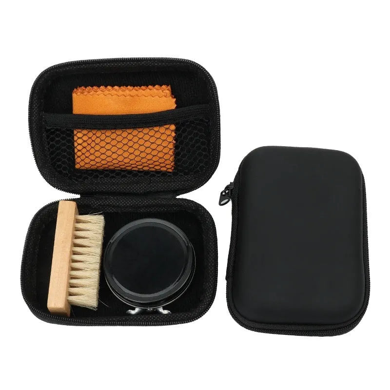 Leather shoes care cleaning set with black or colourless maintenance oil and shoe brush, modern simplicity style