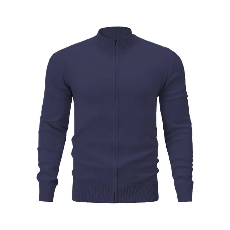 Casual zip-front cotton sweater with a stand collar shown in a solid colour.