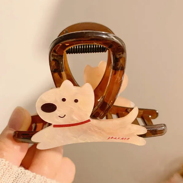 Korean style cartoon puppy barrettes hair grips in beige and brown with puppy face handles