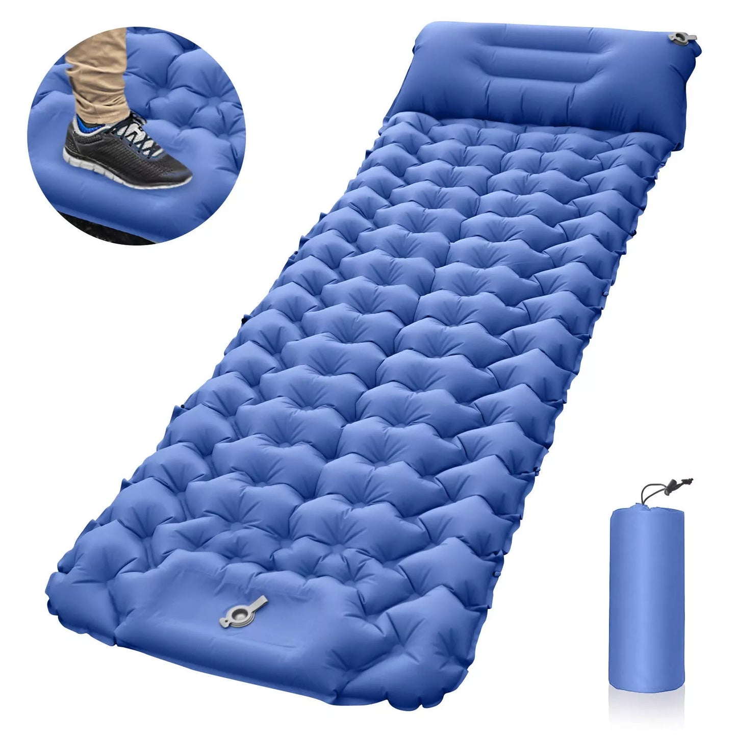 Portable inflatable camping cushion with built-in foot pump in various colors