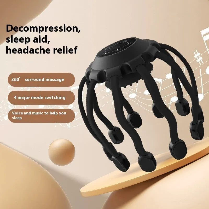USB-powered handheld head massager with multiple flexible claws in black colour.