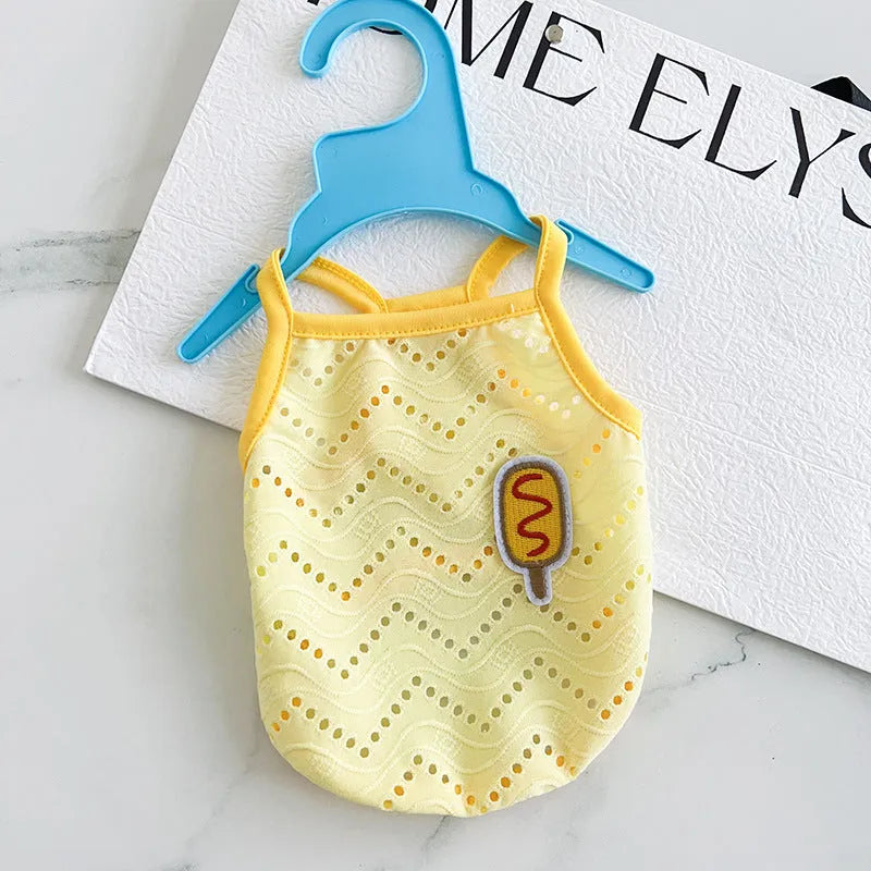 Pet vest with mesh straps in blue milk bottle colour showing camisole-style polyester construction
