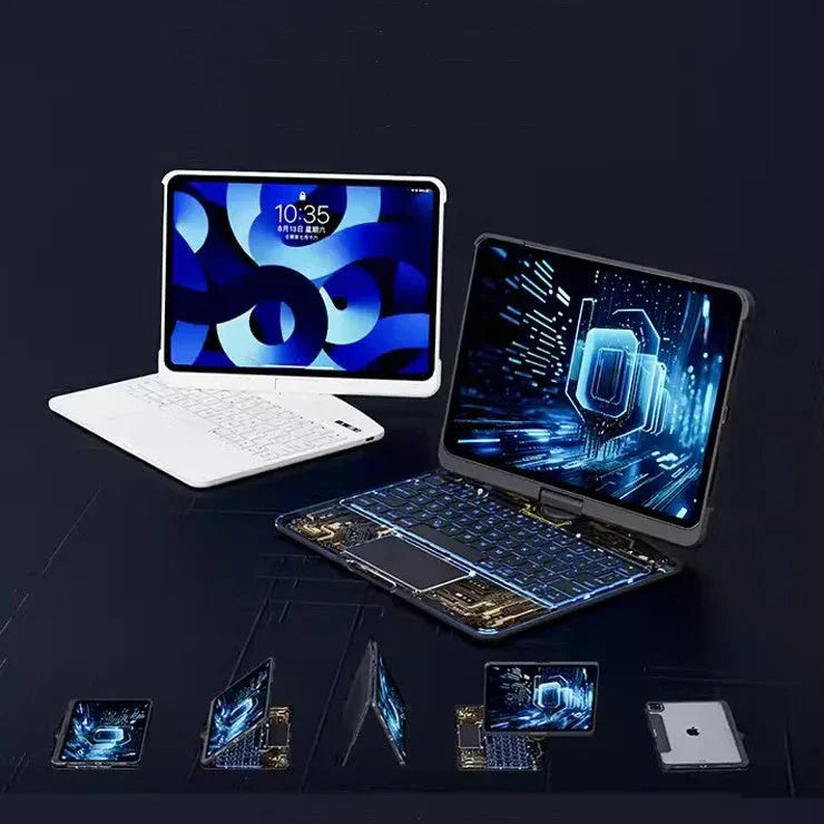 Versatile iPad keyboard cover with 360-degree rotation, silent buttons, and pen slot for enhanced productivity and style