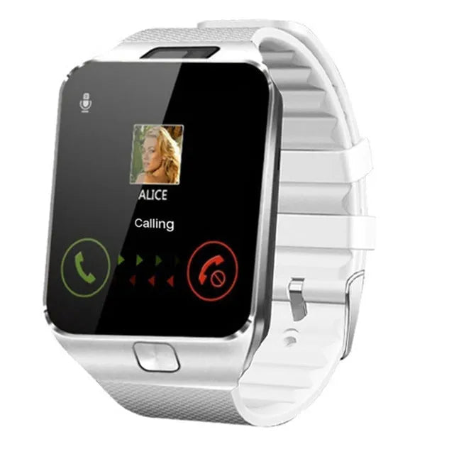 Smart watch with touch screen showing call interface, on a wrist strap.