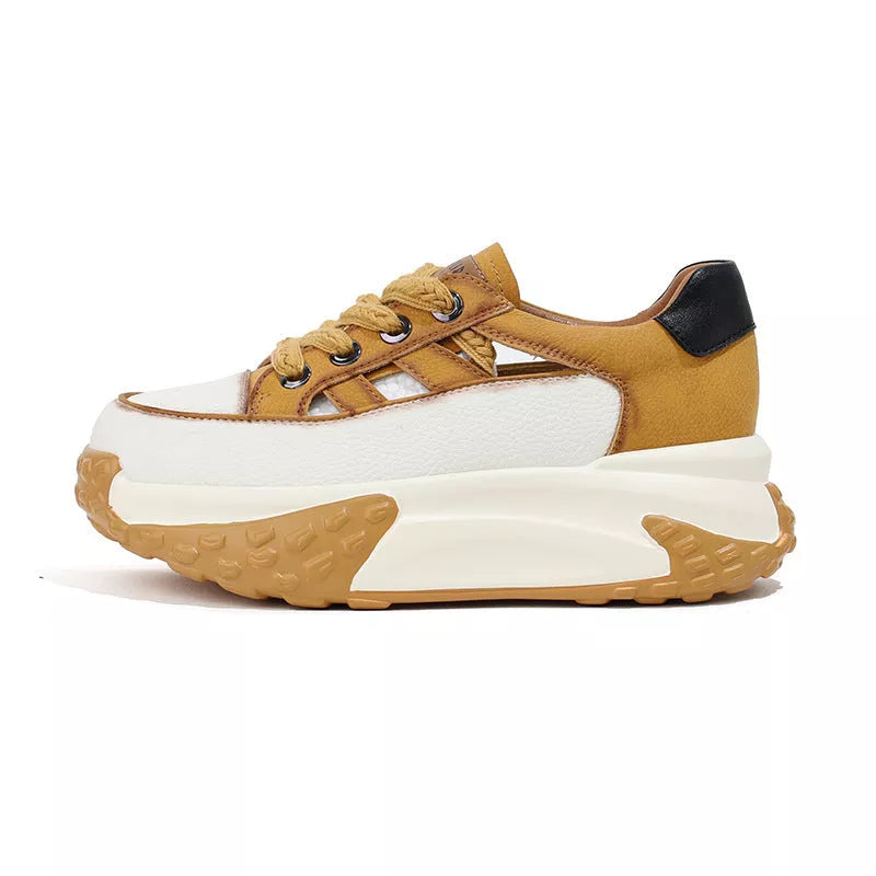 Women's retro thick-soled hollow sneakers in black, white, red, and yellow