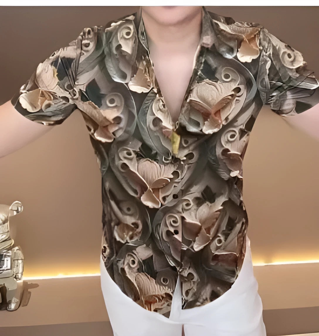 Man wearing a men's casual shirt with an abstract print design, available in multiple sizes.