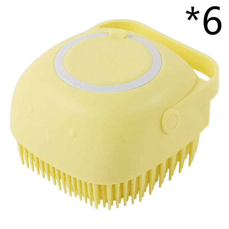 Silicone pet bath brush with shampoo dispenser, designed for gentle grooming and soothing massage