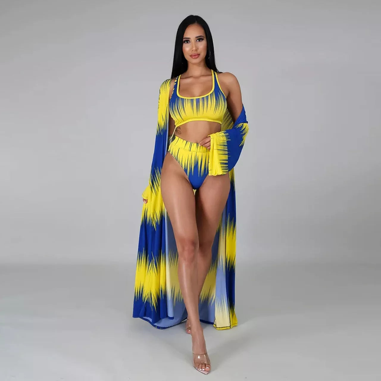 Print Split Triangle Bikini Three-piece Set in red and blue