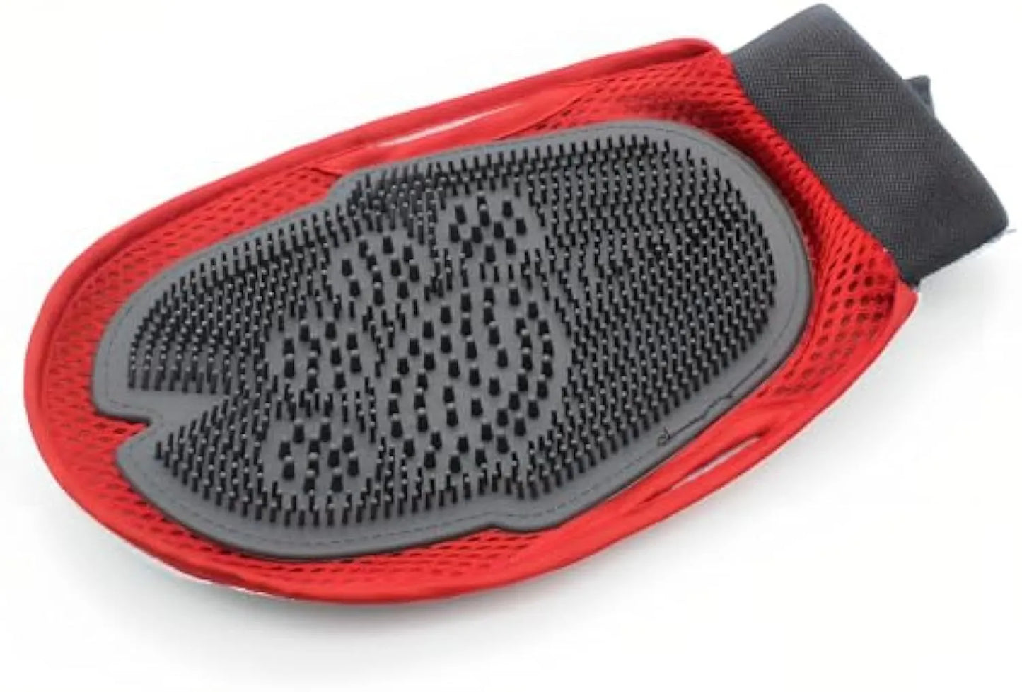 Red pet bathing glove measuring 26x16cm with adjustable design for left or right hand use