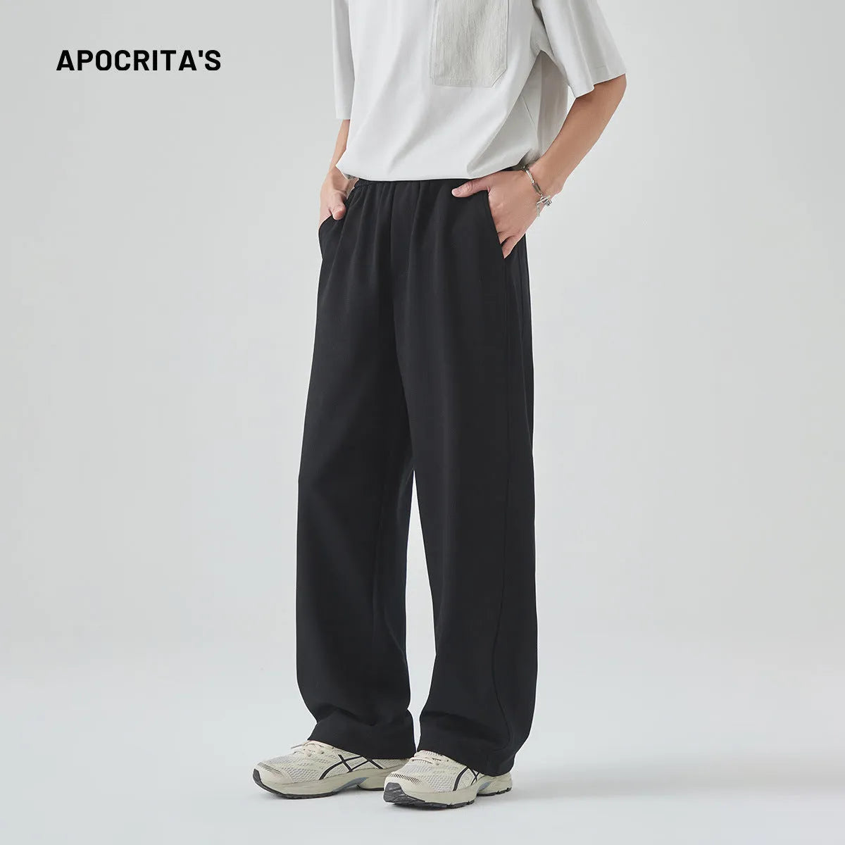 Men's grey cotton blend summer casual trousers with a high waist, straight leg, and front lace-up detail.