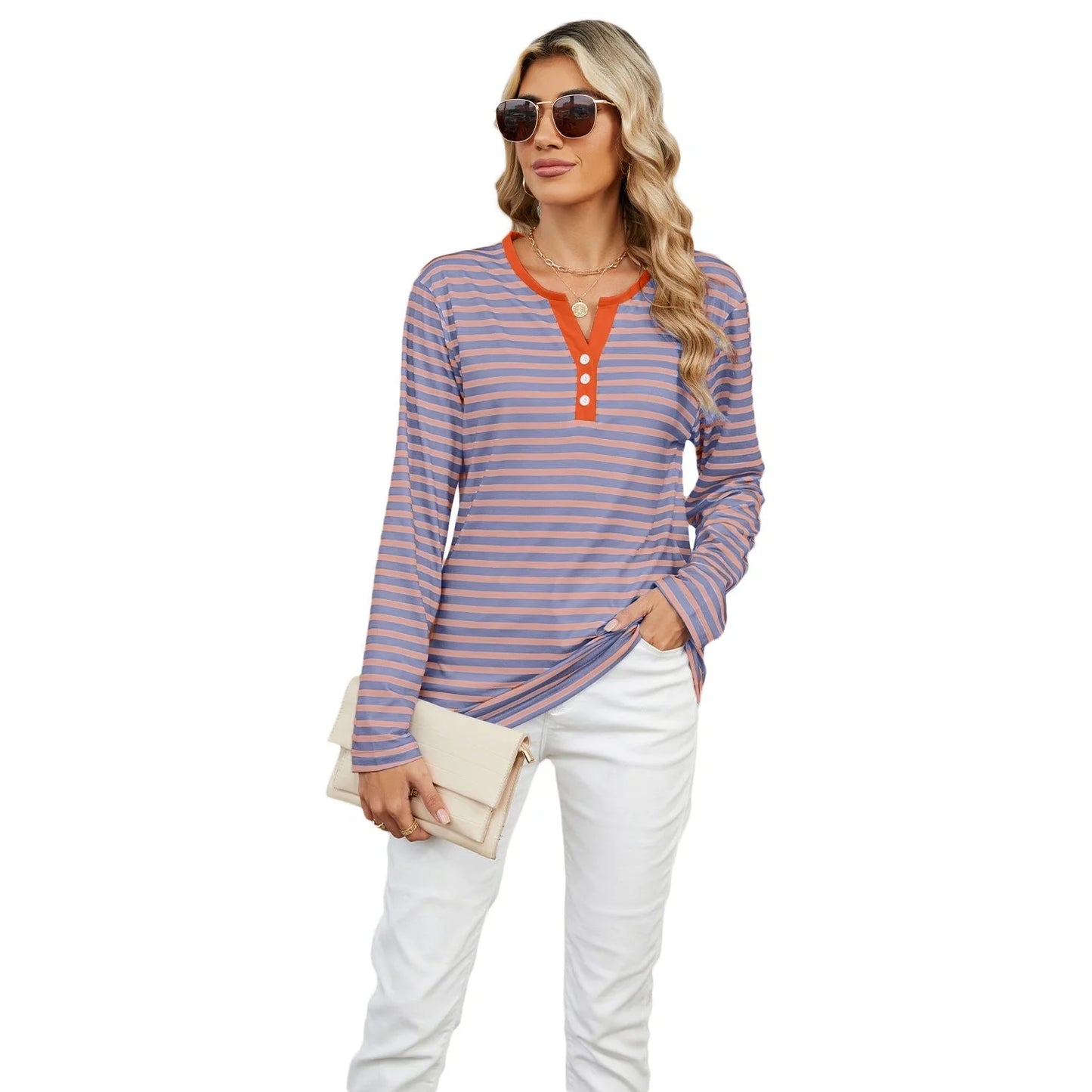 Stylish striped long-sleeve V-neck top for women in various color options