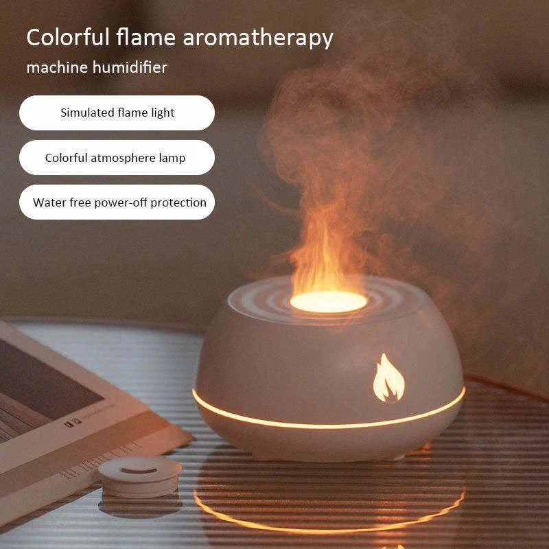 Aromatherapy diffuser with realistic flame-like lighting, color-changing mood lights, and essential oil diffusion capabilities