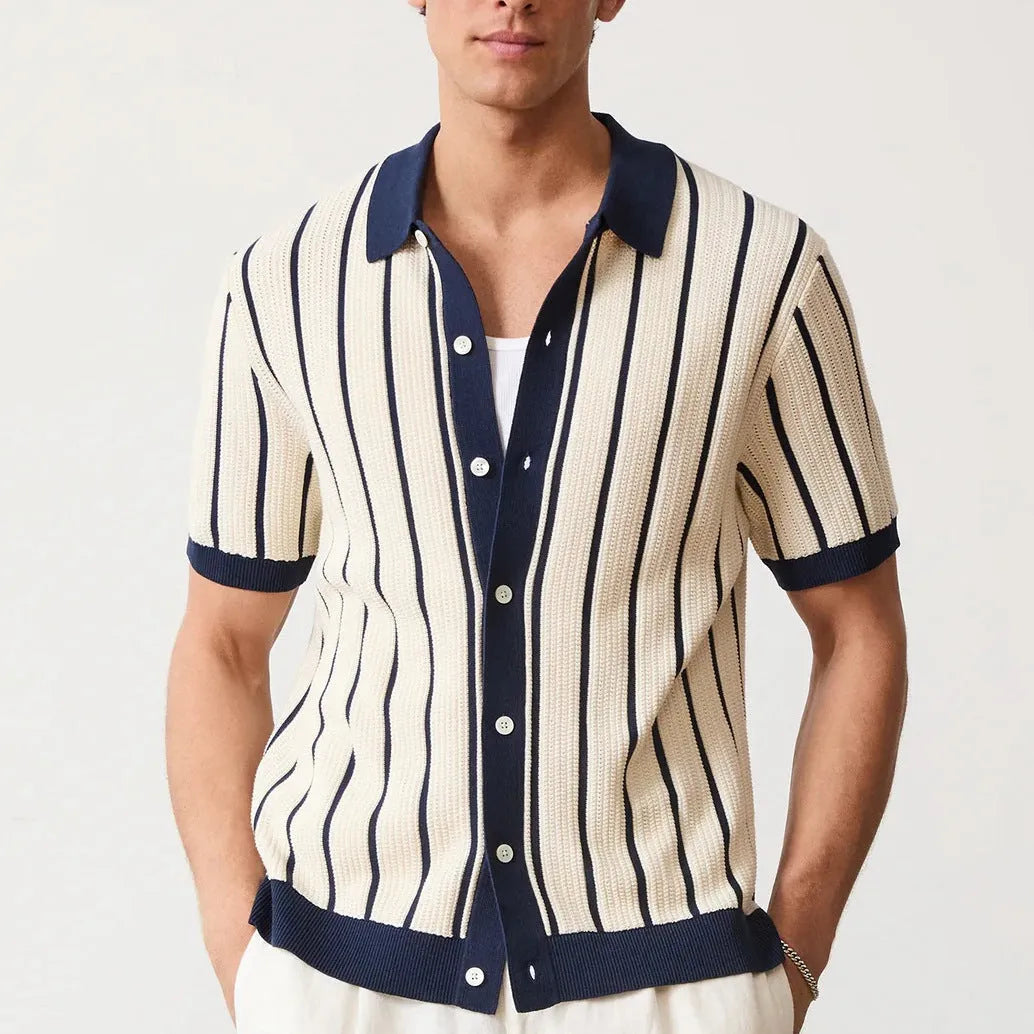 Men's white asymmetric lapel knitted top with short sleeves and striped pattern, ice silk and spandex fabric