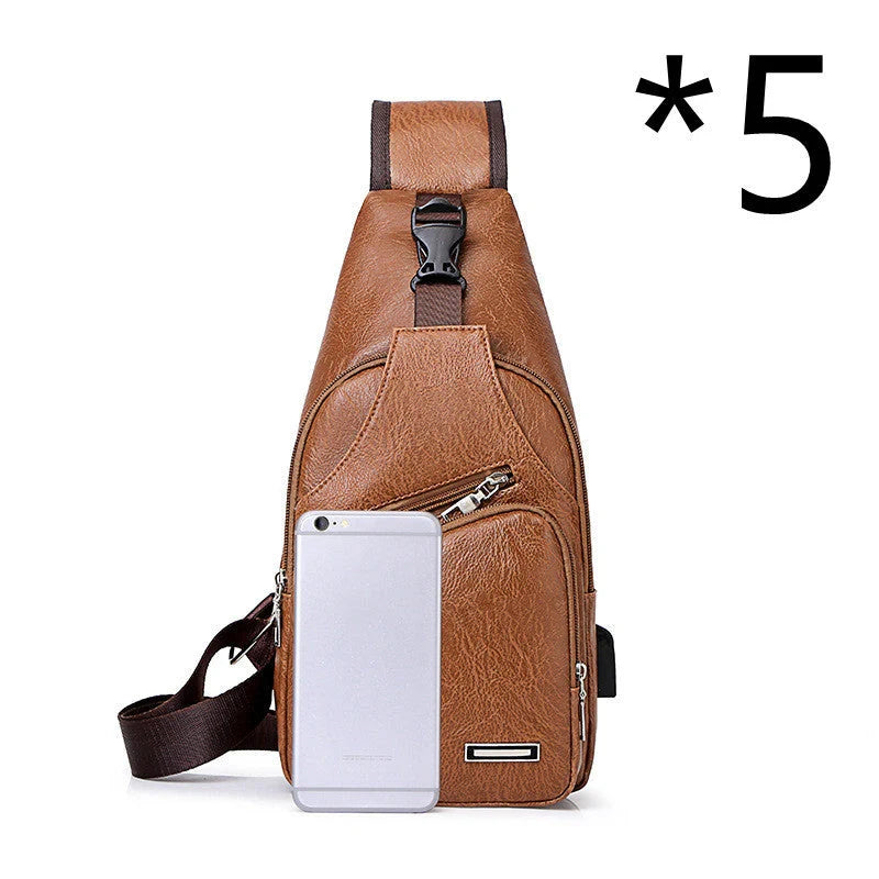 Stylish USB charging chest bag made of durable PU leather, featuring a roomy interior, dedicated smartphone pocket, and adjustable strap for comfort.