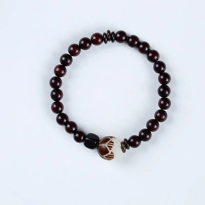 Natural rosewood double-ring bracelet with hand-knitted construction and retro floral design