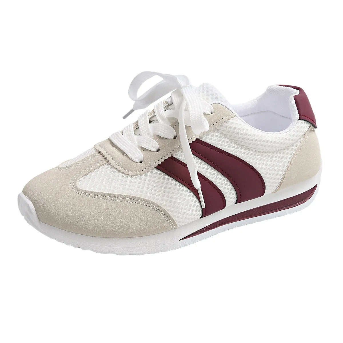 Wine red retro sneakers with cross-strap detail and breathable mesh surface