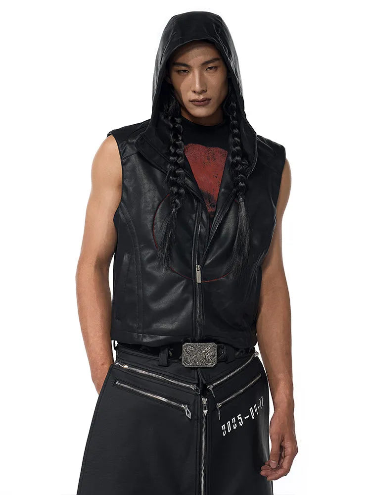 Black men's PU leather waistcoat coat with hood and five-pointed star design