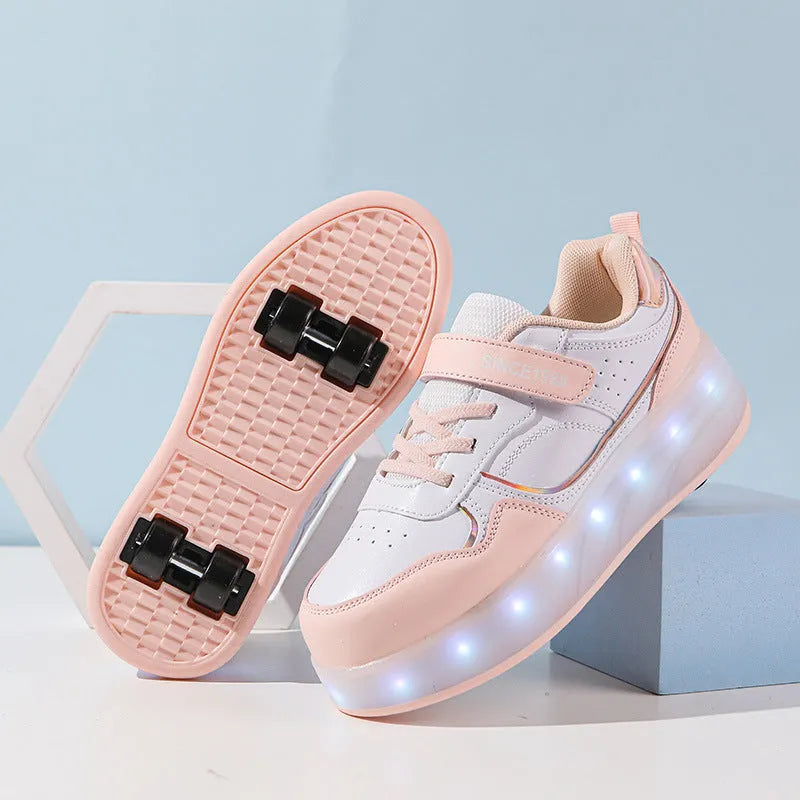 Children's charging flash roller skates with LED lights in pink, white, purple, and black colour options