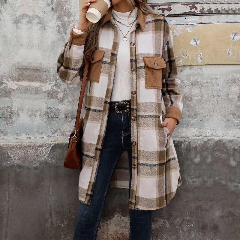 Stylish brushed plaid long coat with pockets for women, available in coffee, grey, and wine red colors