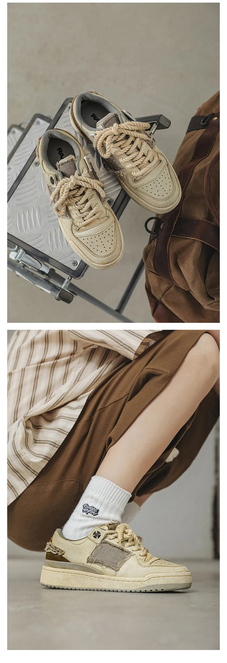 Beige low-top vintage-style skate shoes on a white background, showing round toe and lace-up front.