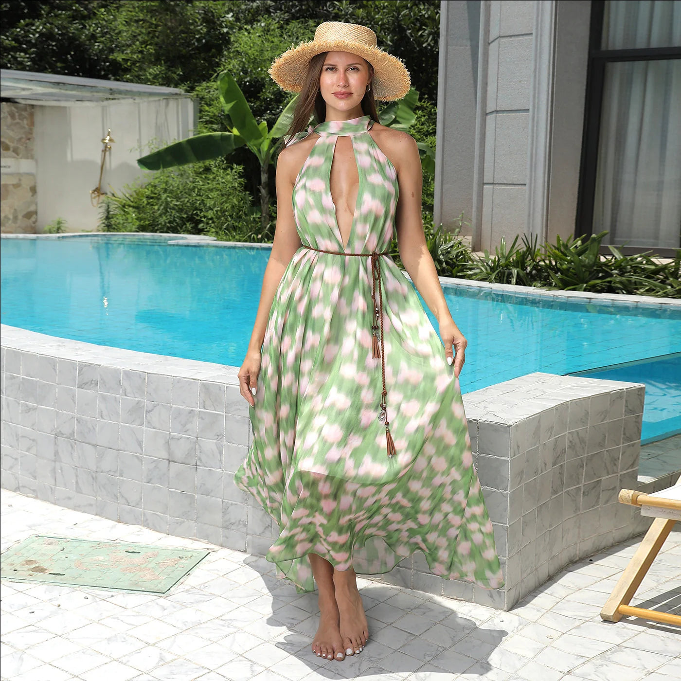 Stylish women's printed polyester dress in green, perfect for casual and formal occasions