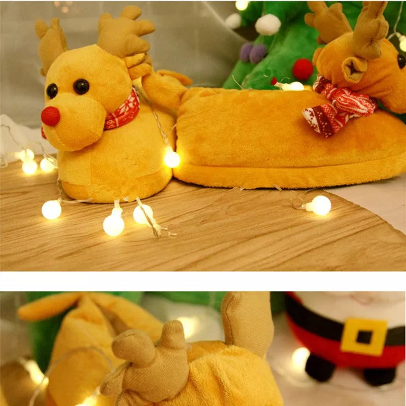 Christmas elk slippers for couples in yellow and khaki, plush material, sizes 35-43