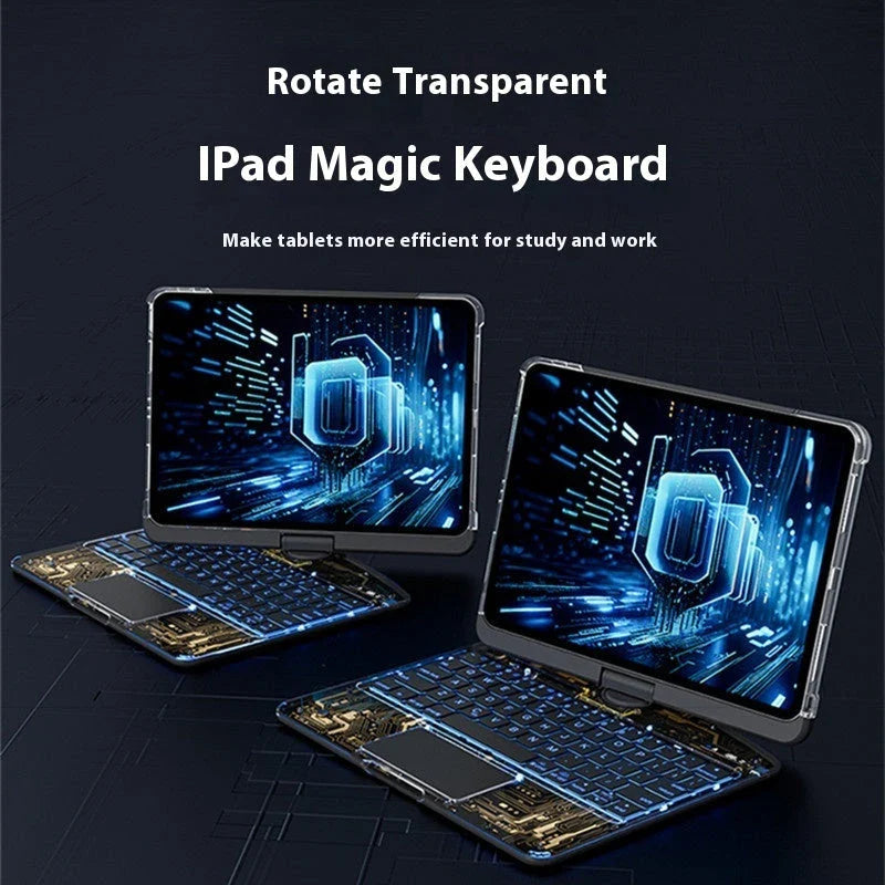 Versatile iPad keyboard cover with 360-degree rotation, silent buttons, and pen slot for enhanced productivity and style
