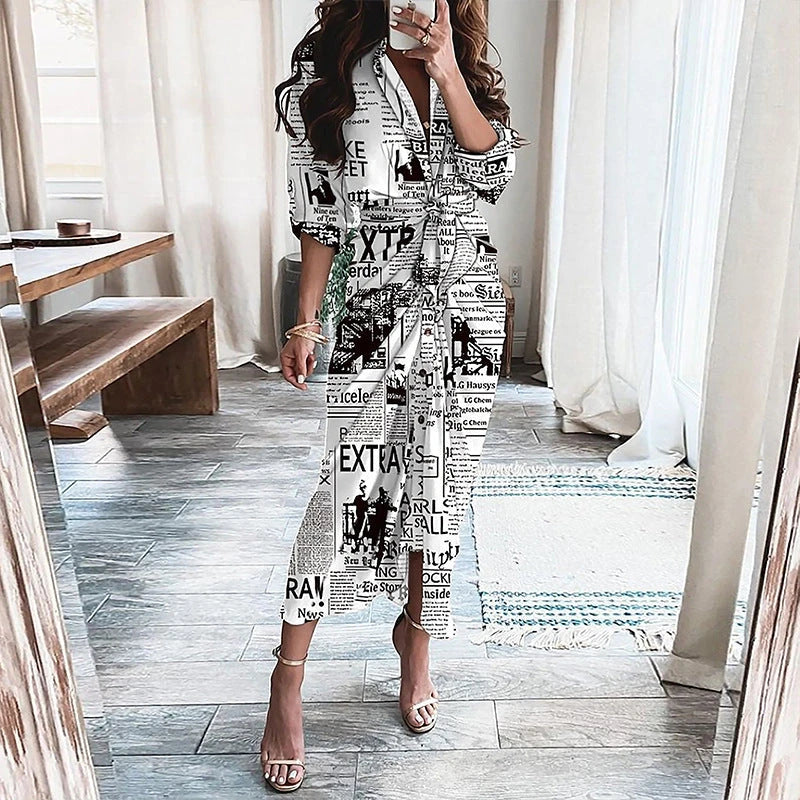 Elegant Floral Print Lace-Up Maxi Dress with Deep V-Neck, Long Sleeves, and Flattering Silhouette
