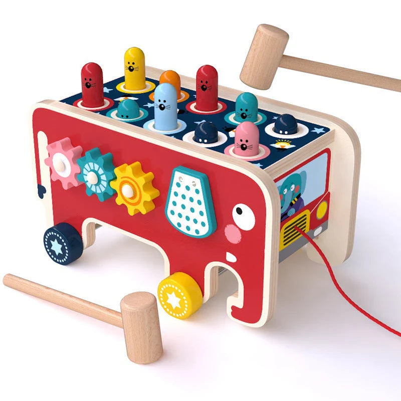Wooden pounding bench toy with vibrant animal designs, promoting hand-eye coordination and creativity for toddlers and kids