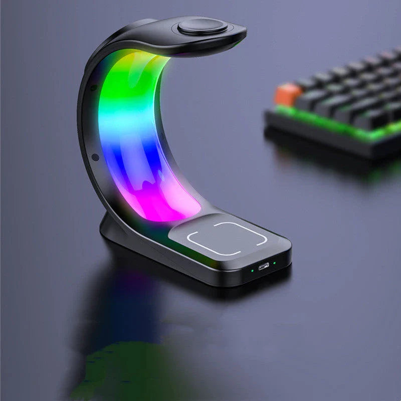 4-in-1 Magnetic Wireless Charging Station with RGB Atmosphere Light, Compatible with Smartphones, AirPods, and Apple Watch