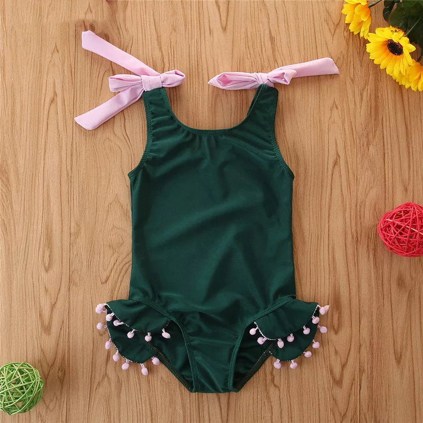 Girl's green cotton bikini swimsuit for summer, sizes 2T to 6T