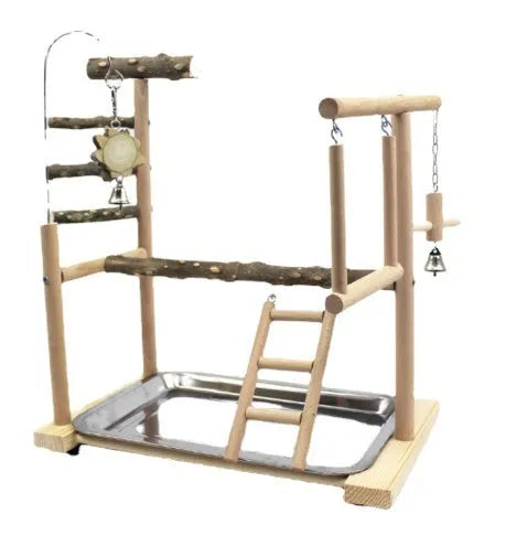 Tiger skin peony coloured parrot play stand made from pepper wood, featuring a xuanfeng design with a sub-stand pole and hanging toys.
