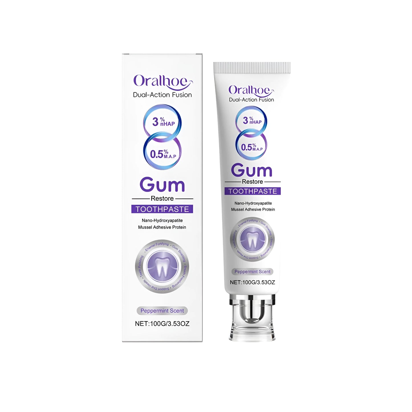 100g tube of Gum Restore Toothpaste with hydroxyapatite and mussel adhesion protein.