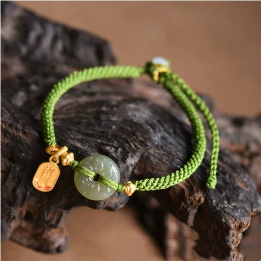 Women's corn knot Hetian jade safety buckle bracelet with hand-woven flexible wire and green rope design