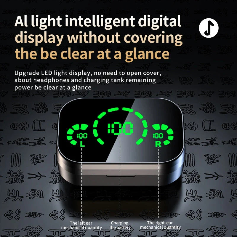 Premium wireless Bluetooth earbuds with smart digital display, noise-cancelling microphone, and graphene composite diaphragm for superior sound quality
