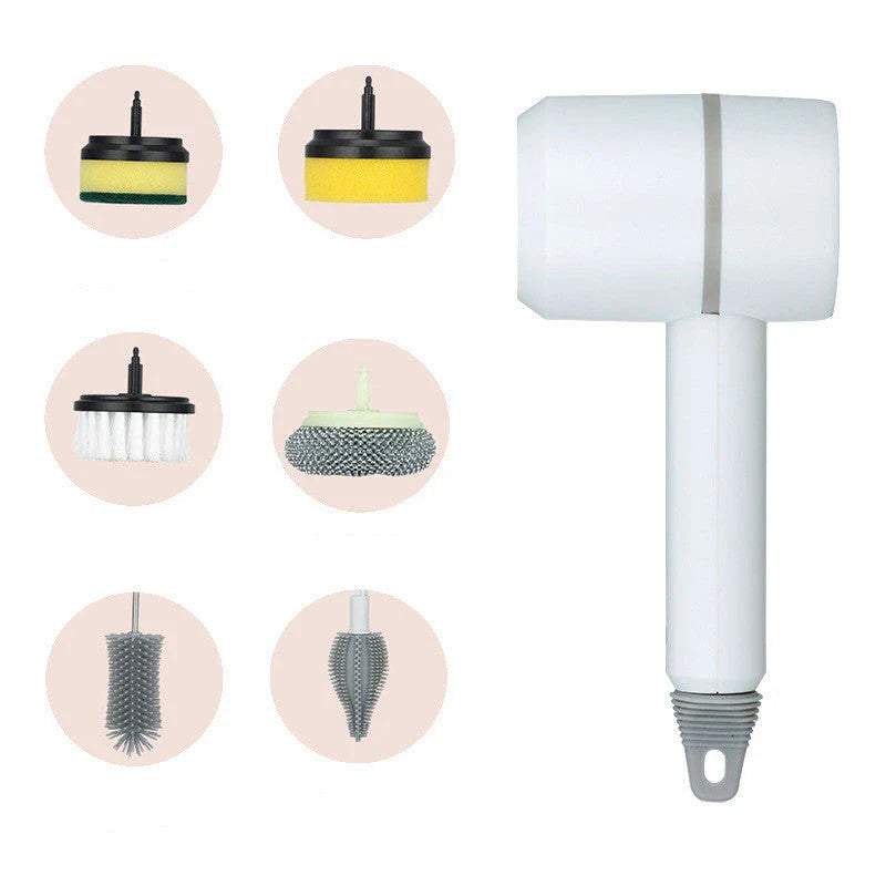 Cordless electric scrub brush with interchangeable brush heads for cleaning kitchens, bathrooms, tiles, and more
