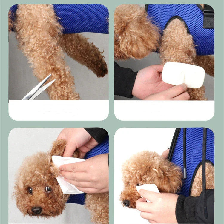 Premium pet grooming hammock with adjustable straps, breathable mesh, and grooming accessories for nail trimming and bathing