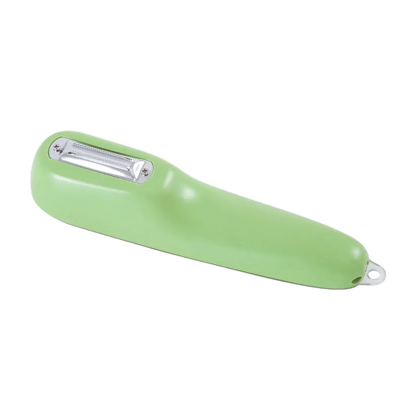 Dark green and light green kitchen peeler with storage tube and stainless steel blade
