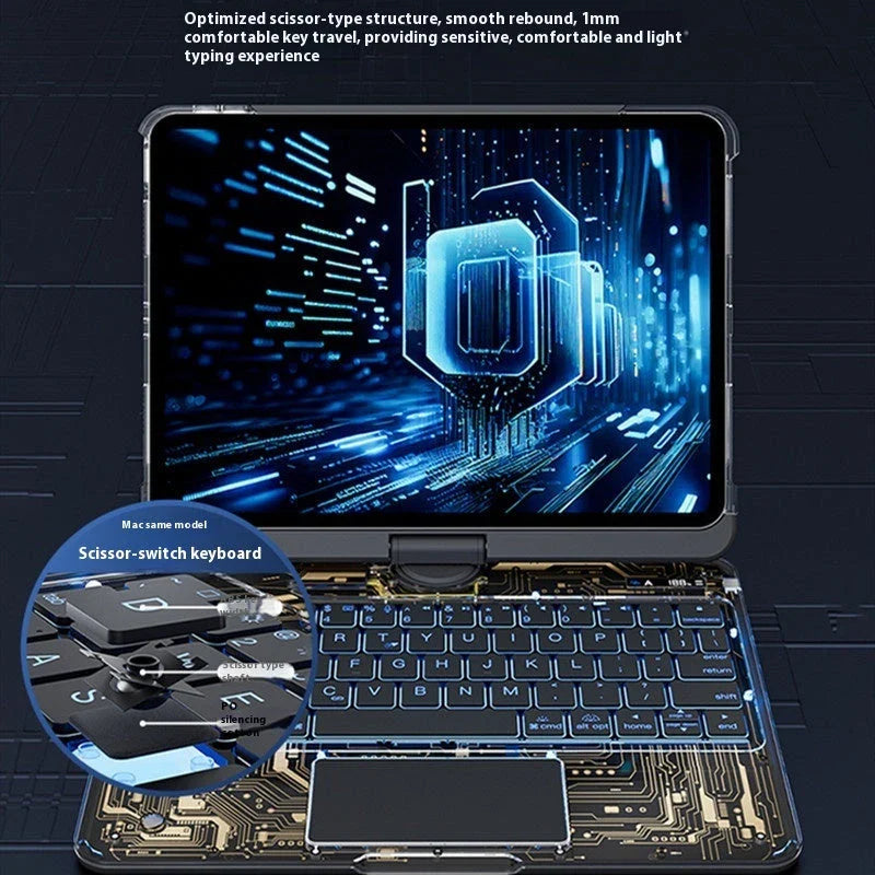 Versatile iPad keyboard cover with 360-degree rotation, silent buttons, and pen slot for enhanced productivity and style
